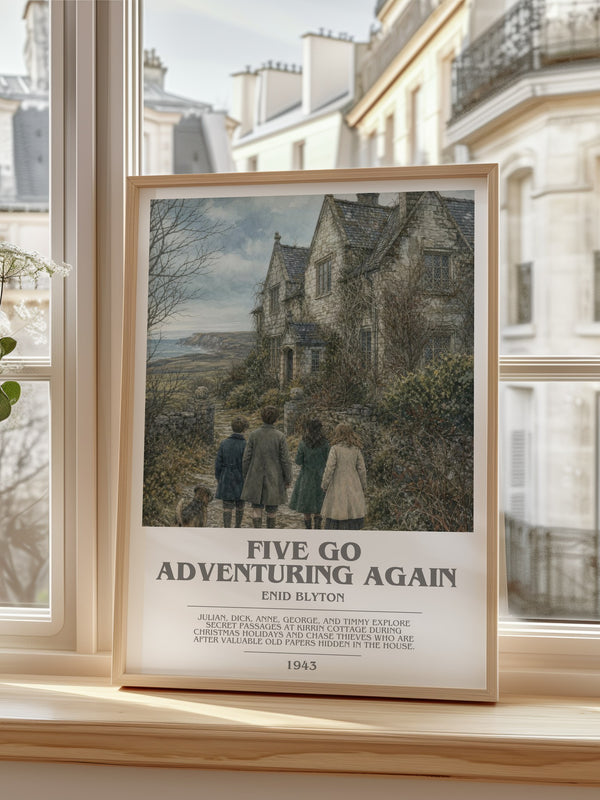 Five Go Adventuring Again Bookish Wall Art by Enid Blyton – framed print by a bright window