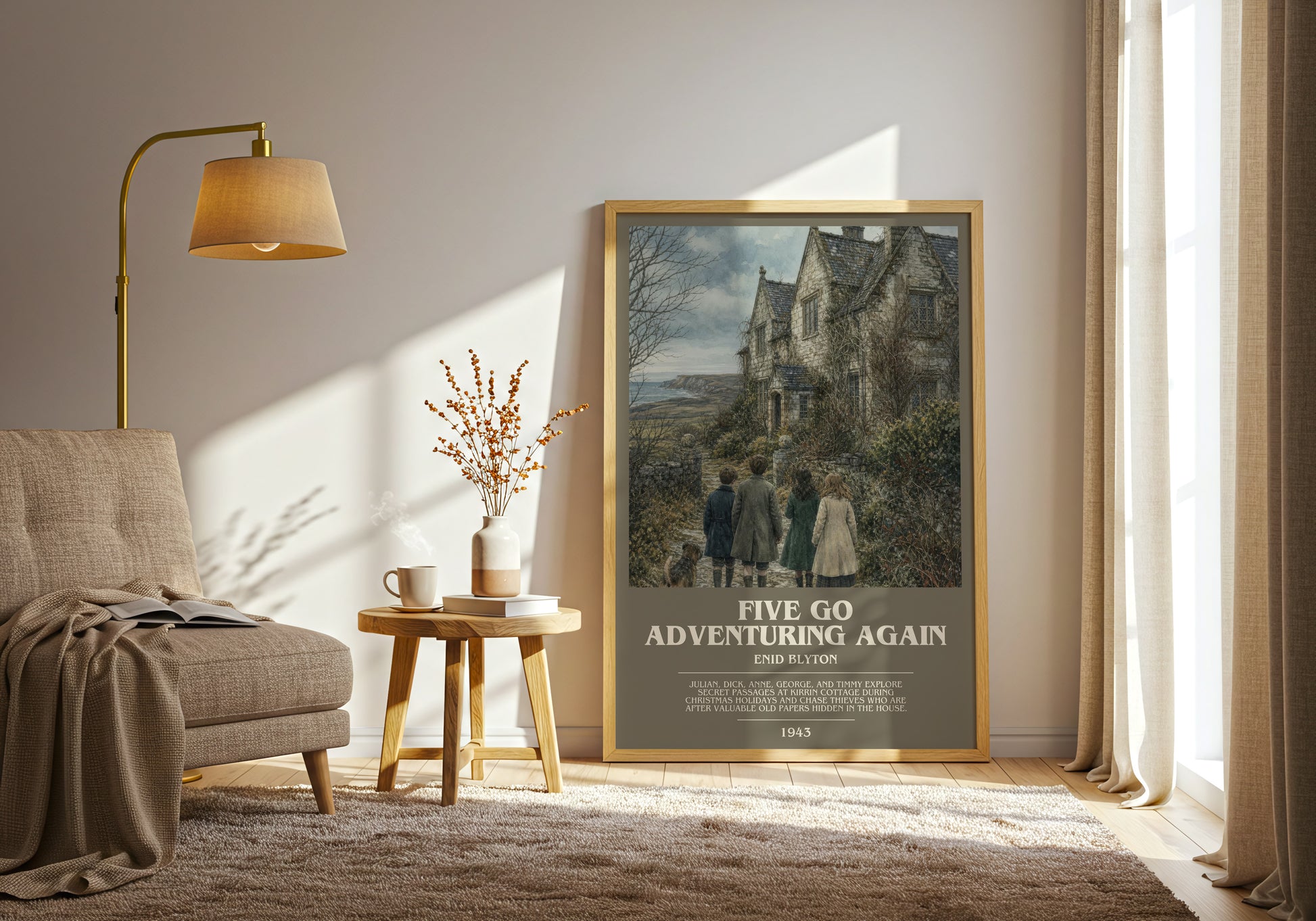 Five Go Adventuring Again bookish print on bookshelf – Enid Blyton fan gift