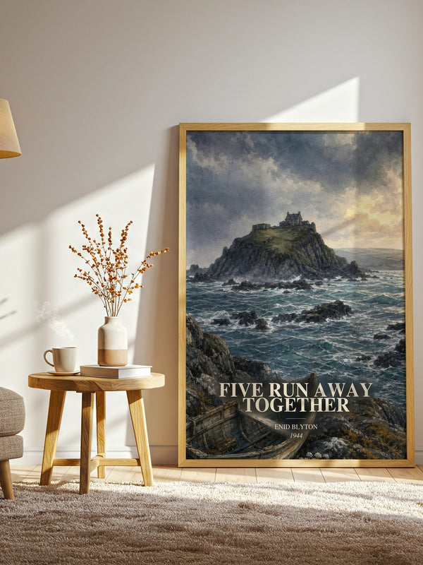 Five Run Away Together watercolour print in frame leaning in hallway – childrens wall art