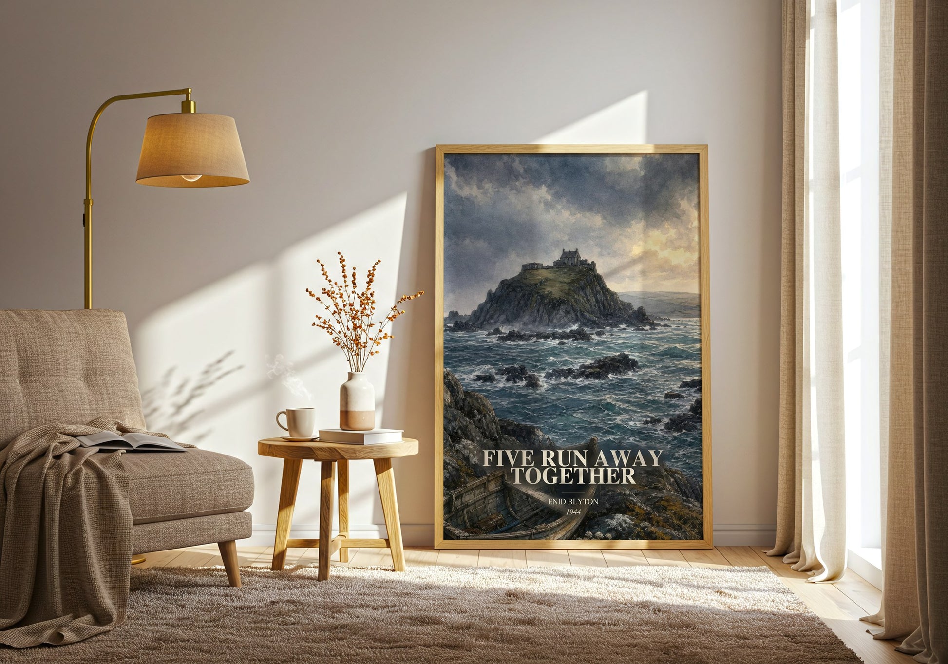 Five Run Away Together watercolour print in frame leaning in hallway – childrens wall art