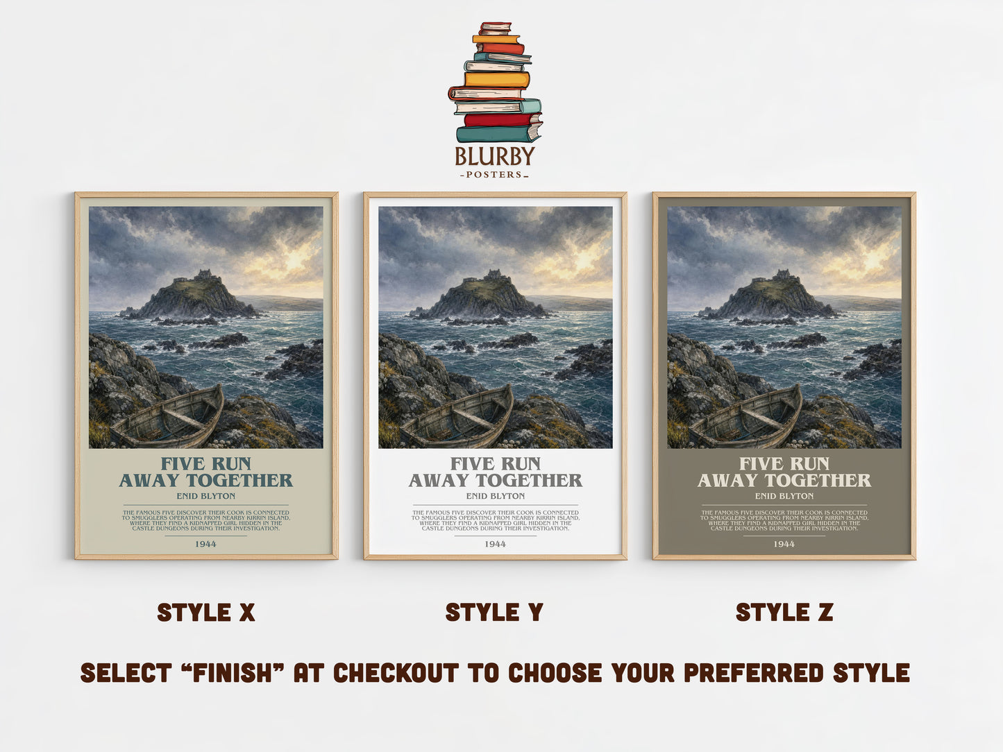 Five Run Away Together bookish print in frame leaning in hallway – childrens wall art