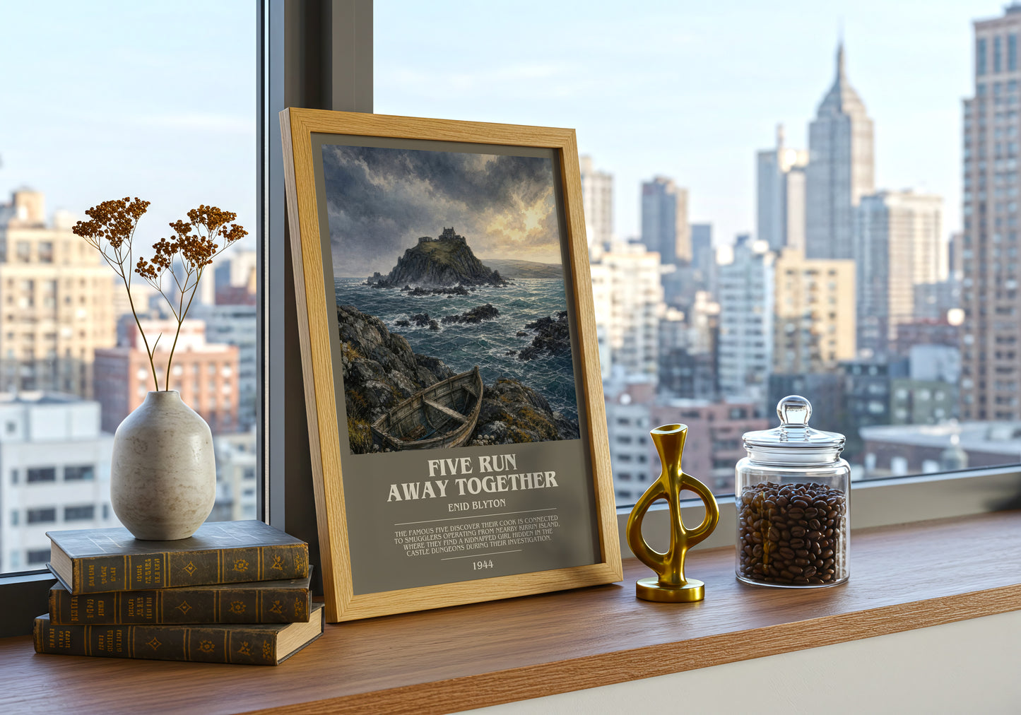 Five Run Away Together bookish print framed by window – literary home decor