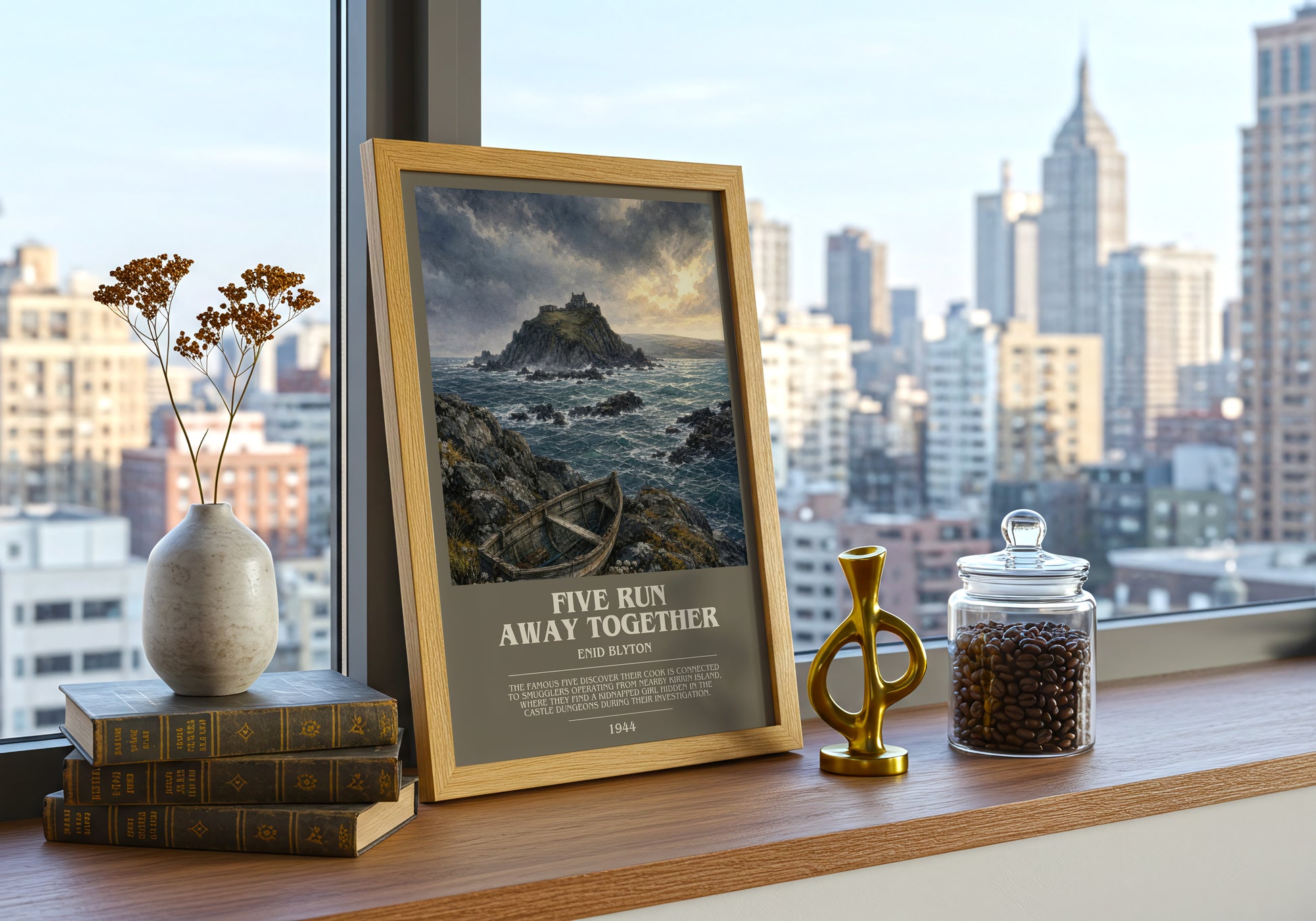 Five Run Away Together bookish print framed by window – literary home decor