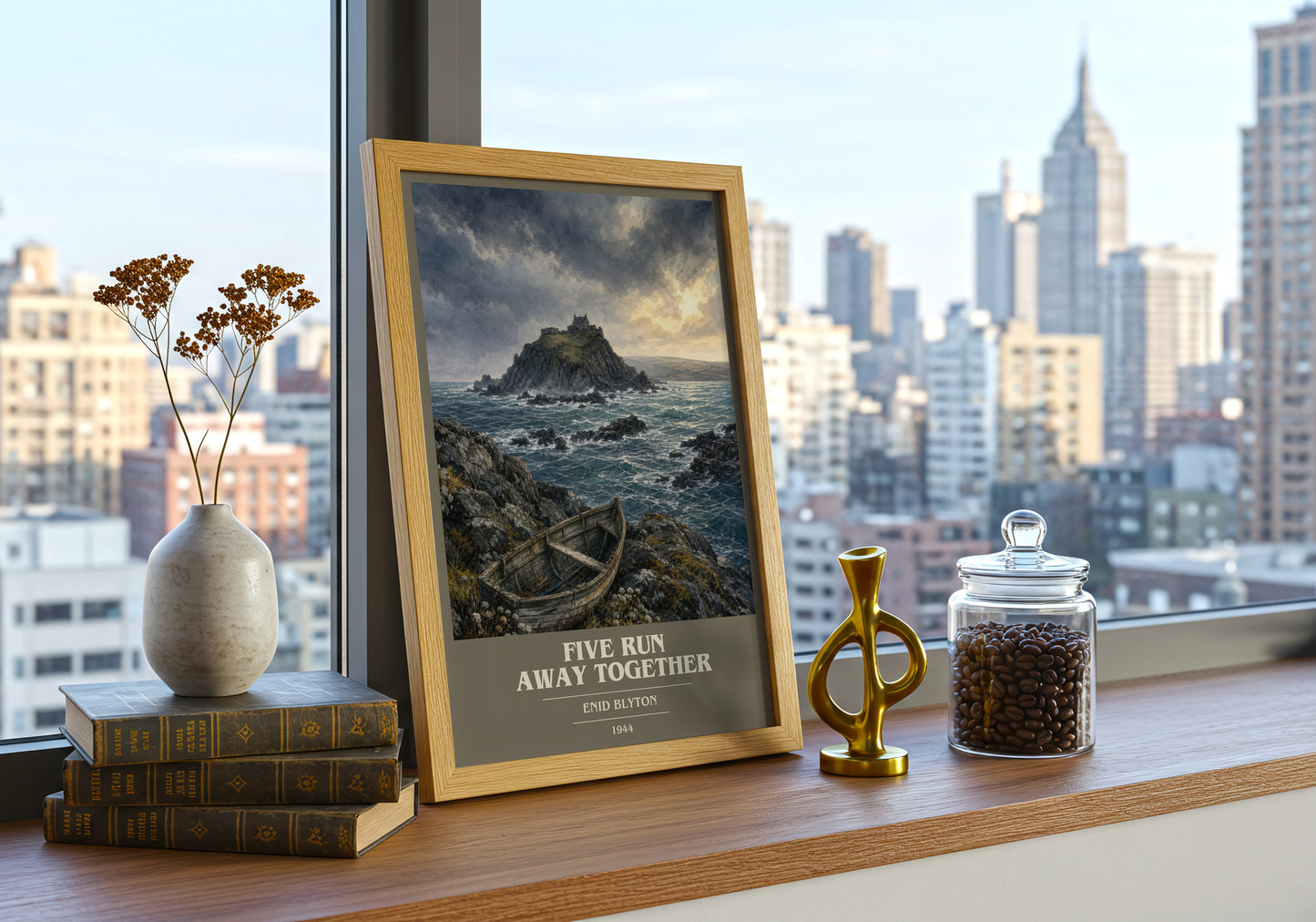 Five Run Away Together book cover print framed by window – literary home decor