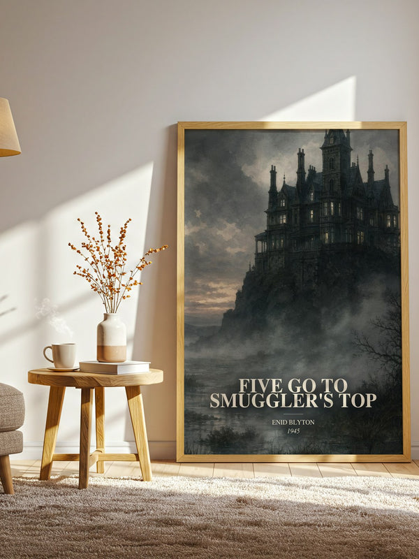 Five Go To Smuggler'S Top watercolour print in frame leaning in hallway – childrens wall art