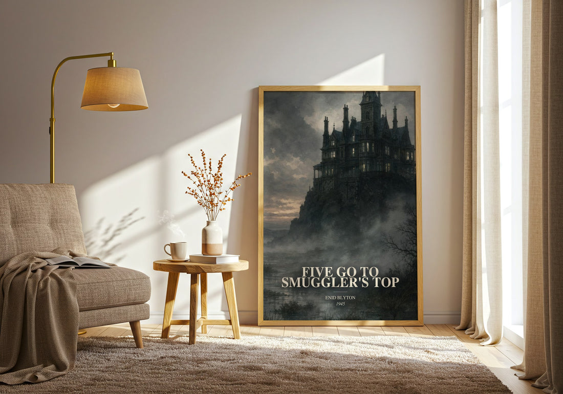 Five Go To Smuggler'S Top watercolour print in frame leaning in hallway – childrens wall art (mockup)