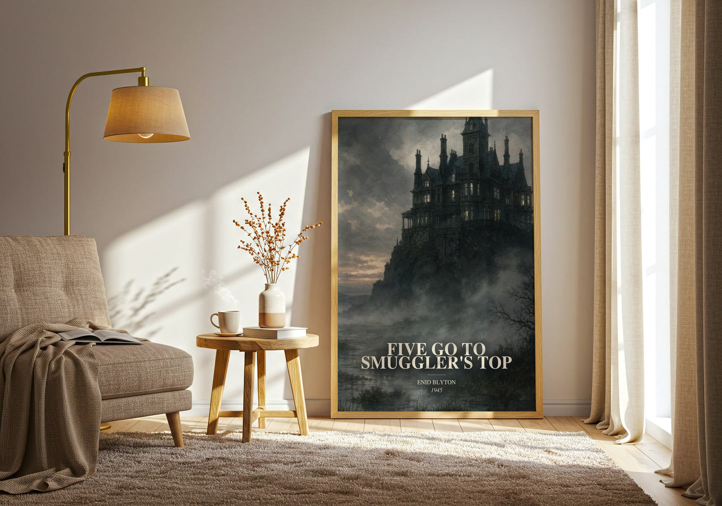 Five Go To Smuggler'S Top watercolour print in frame leaning in hallway – childrens wall art