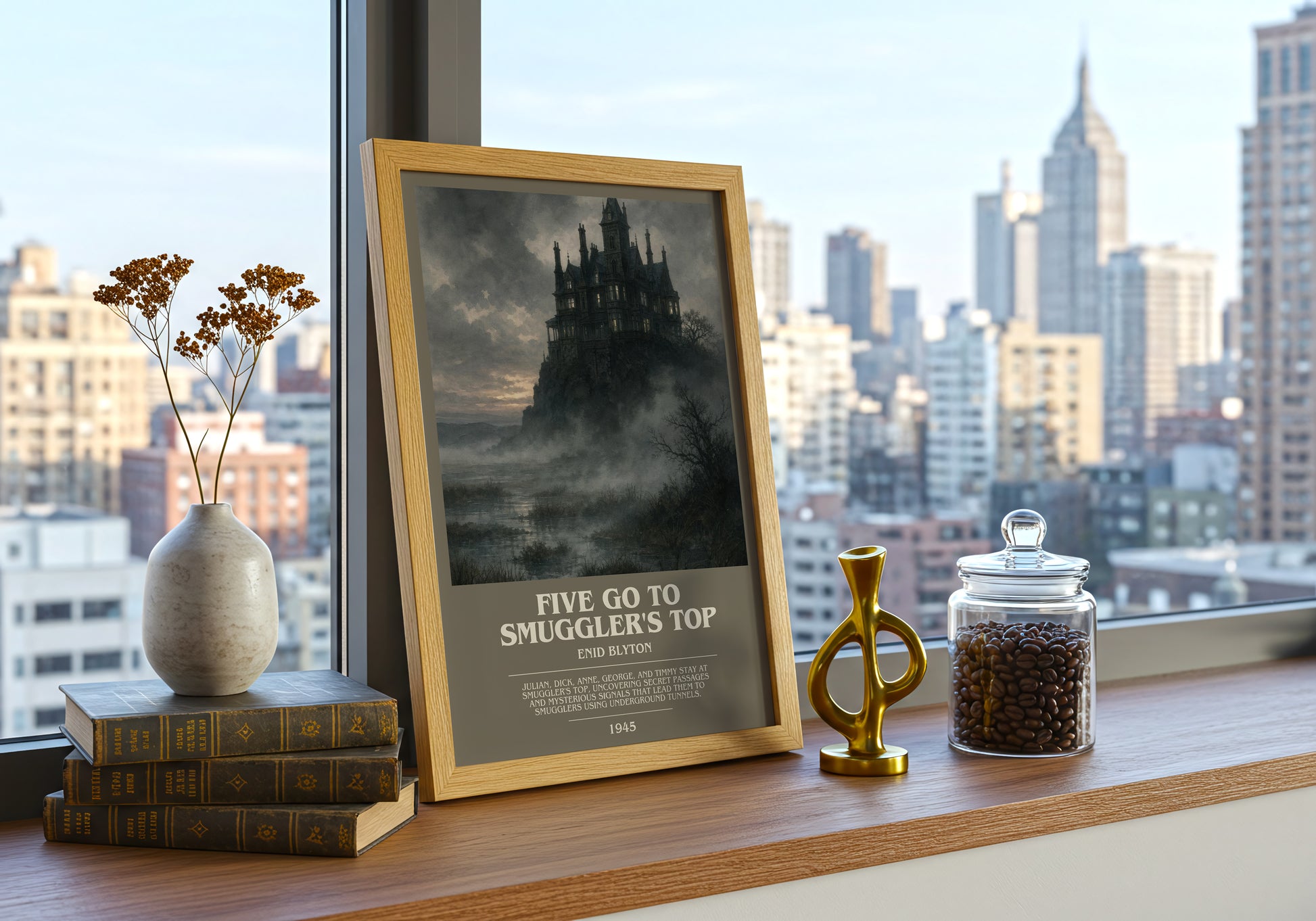 Five Go To Smuggler'S Top bookish print framed by window – literary home decor