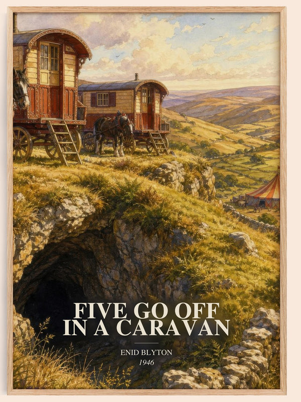 Five Go Off In A Caravan watercolour book poster by Enid Blyton – framed literary art print