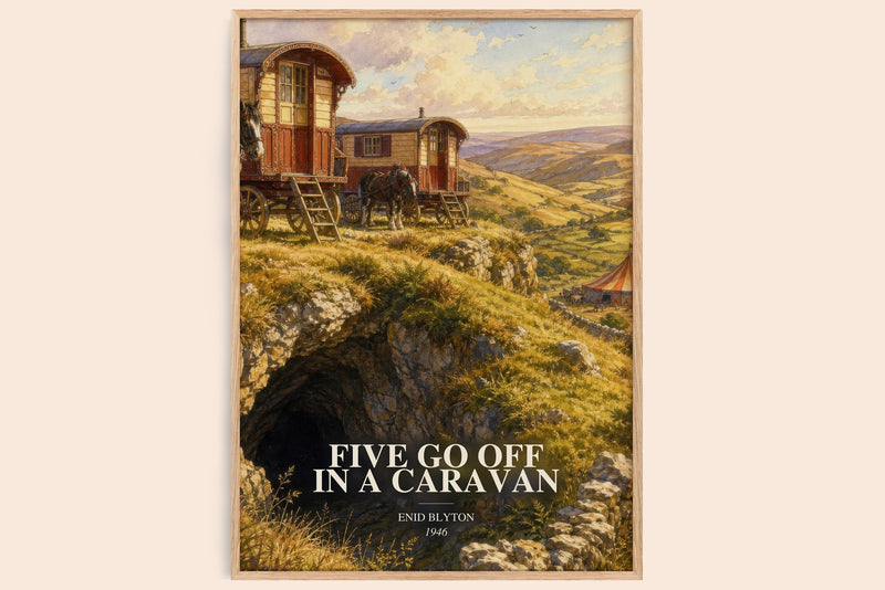 Five Go Off In A Caravan watercolour book poster by Enid Blyton – framed literary art print