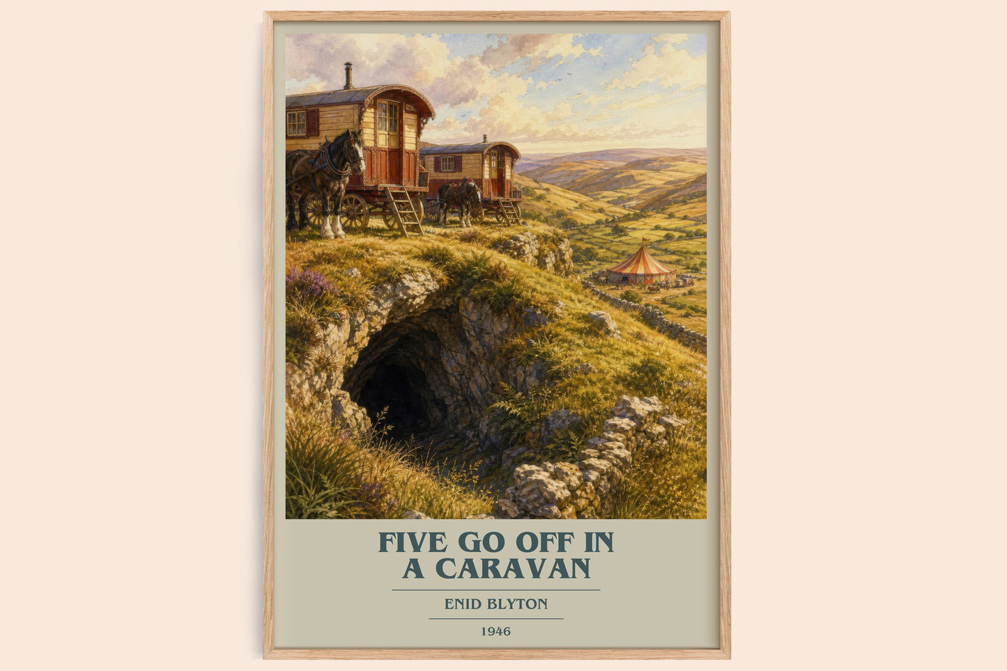Five Go Off In A Caravan book cover book poster by Enid Blyton – framed literary art print