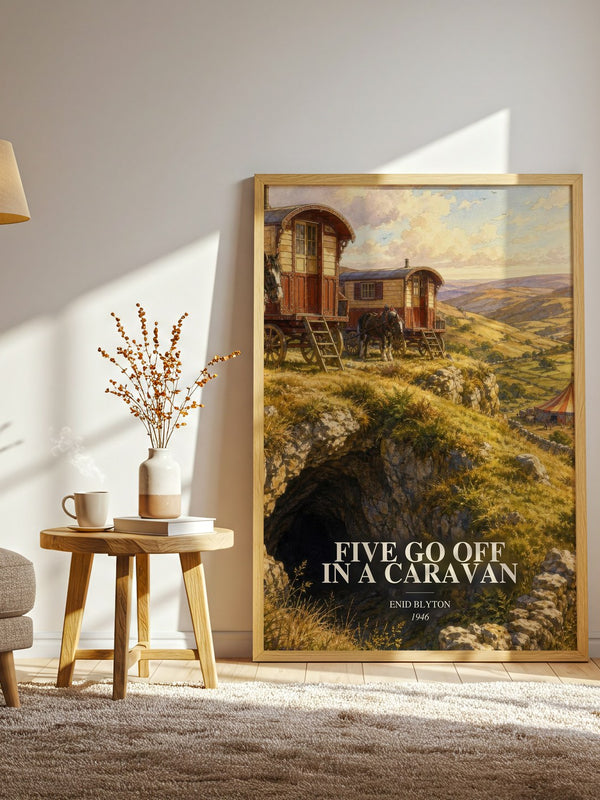 Five Go Off In A Caravan watercolour print in frame leaning in hallway – childrens wall art