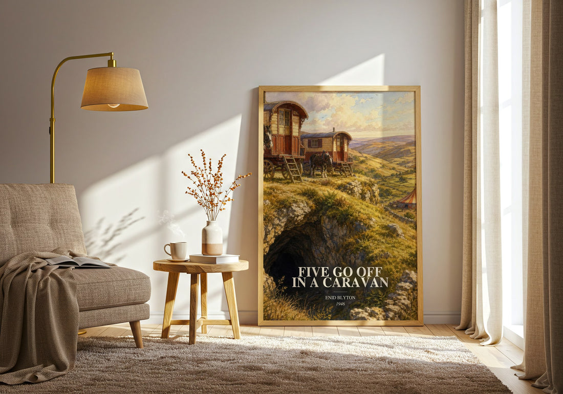 Five Go Off In A Caravan watercolour print in frame leaning in hallway – childrens wall art (mockup)