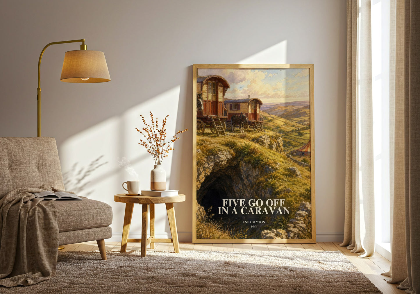 Five Go Off In A Caravan watercolour print in frame leaning in hallway – childrens wall art