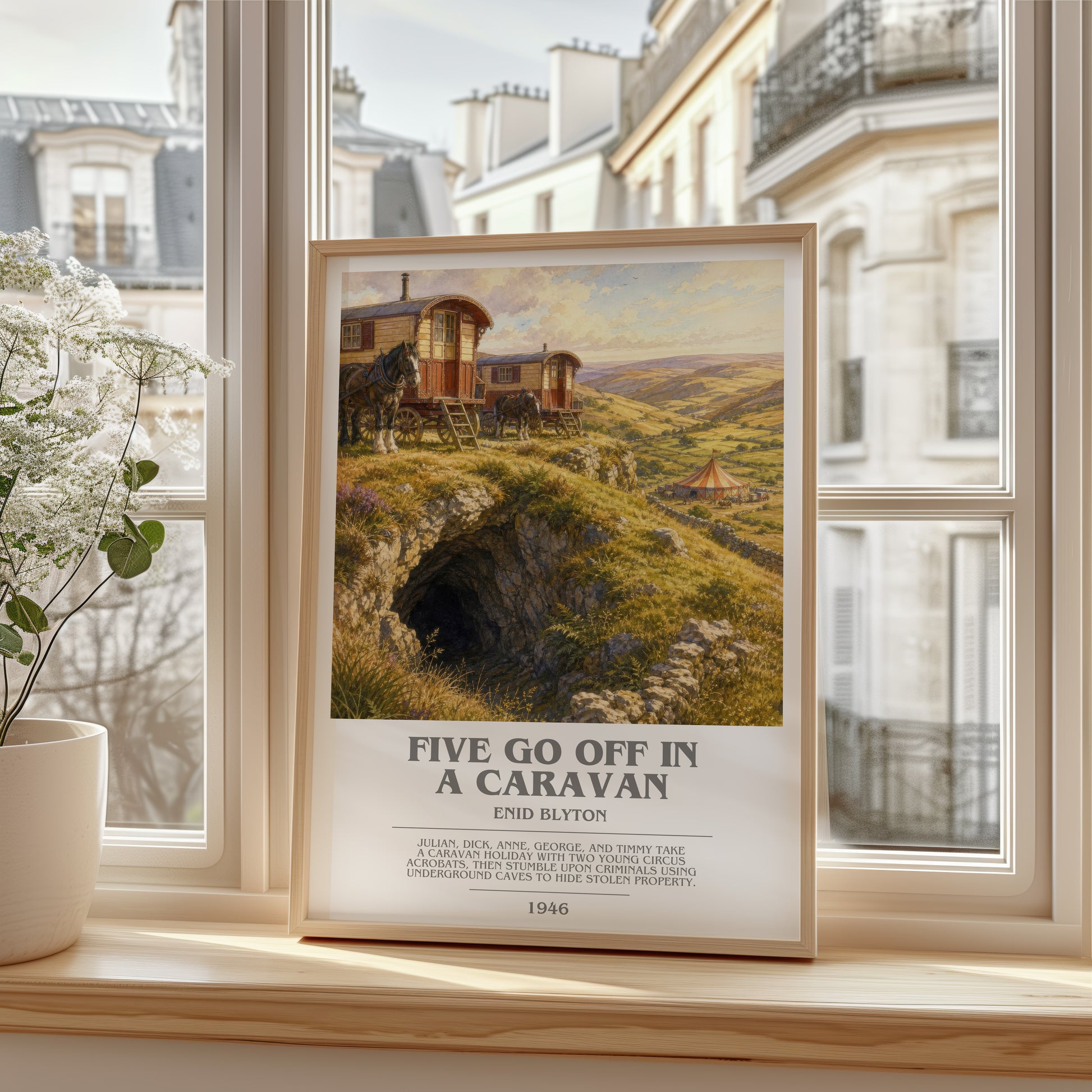 Five Go Off In A Caravan bookish poster colour and style options – Enid Blyton book art
