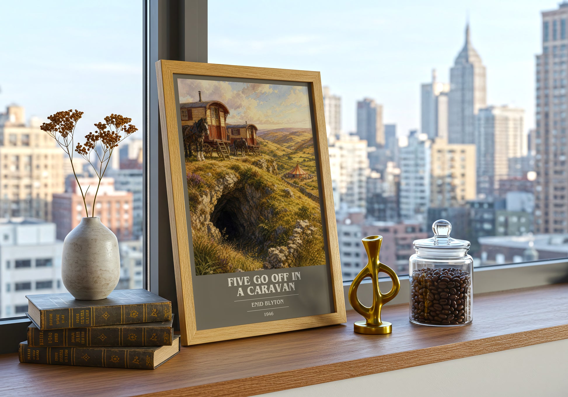 Five Go Off In A Caravan book cover print framed by window – literary home decor
