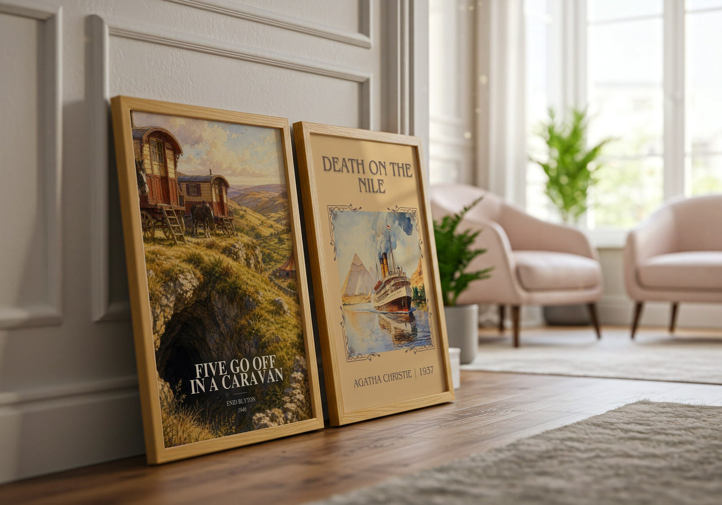 Five Go Off In A Caravan watercolour print framed by window – literary home decor