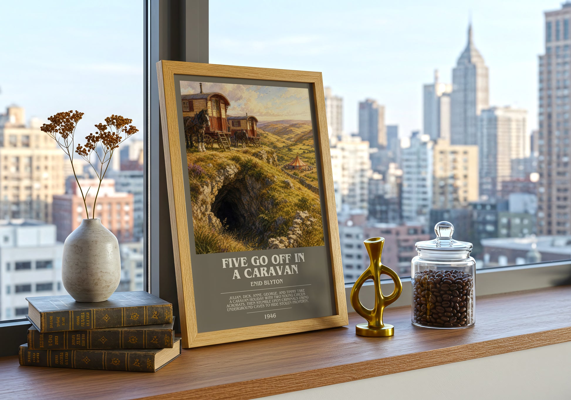 Five Go Off In A Caravan bookish print framed by window – literary home decor