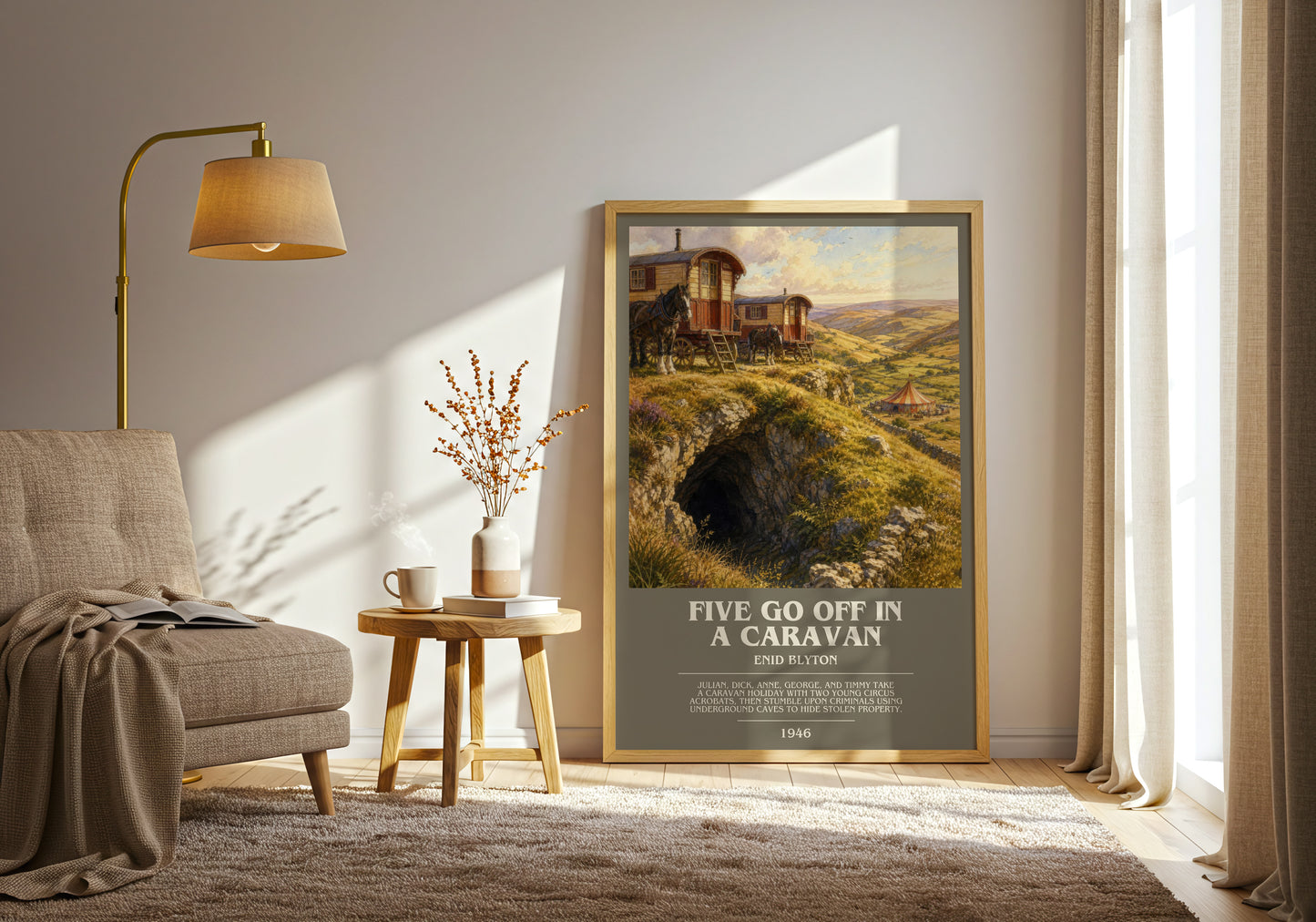 Five Go Off In A Caravan bookish print on bookshelf – Enid Blyton fan gift