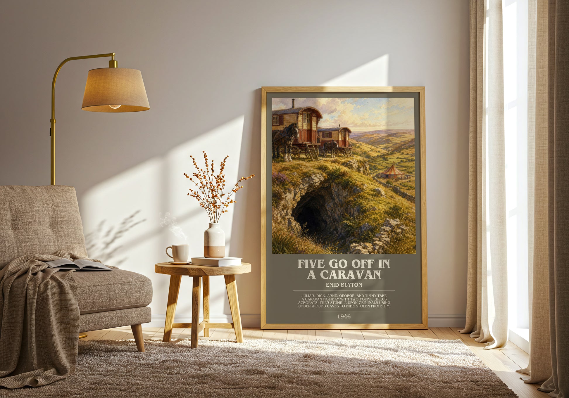 Five Go Off In A Caravan bookish print on bookshelf – Enid Blyton fan gift