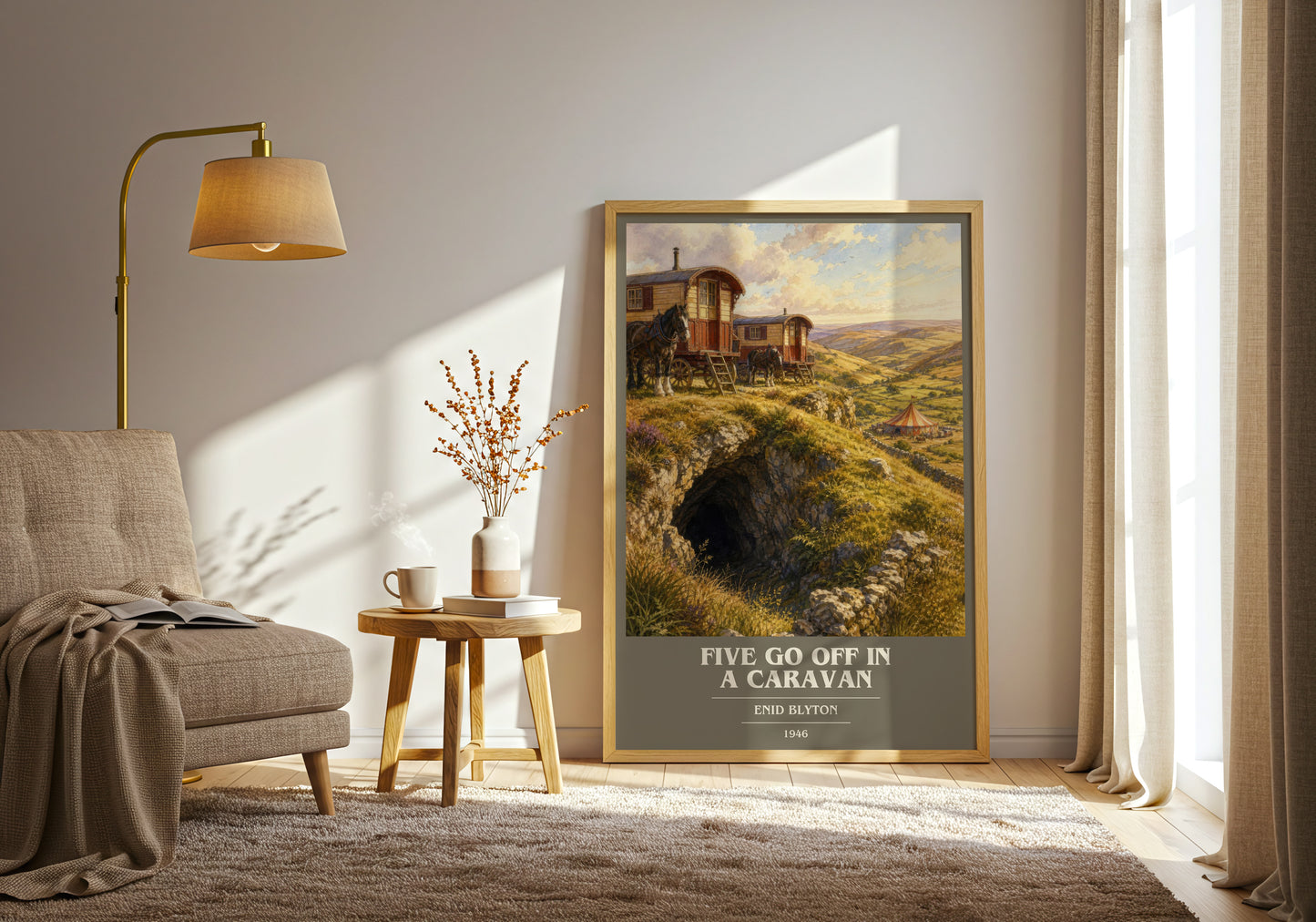 Five Go Off In A Caravan book cover print on bookshelf – Enid Blyton fan gift
