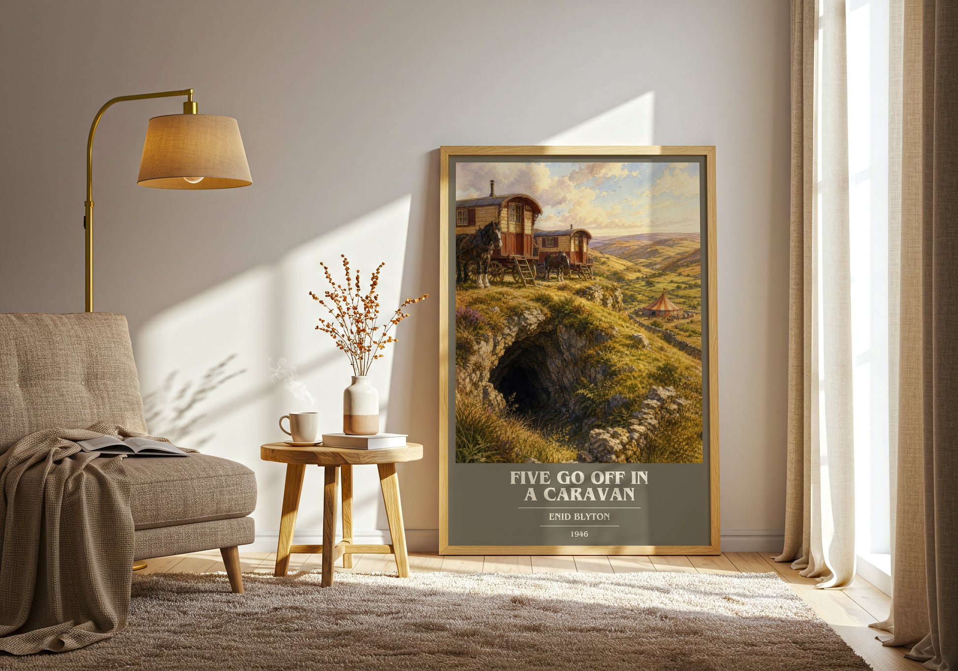 Five Go Off In A Caravan book cover print on bookshelf – Enid Blyton fan gift