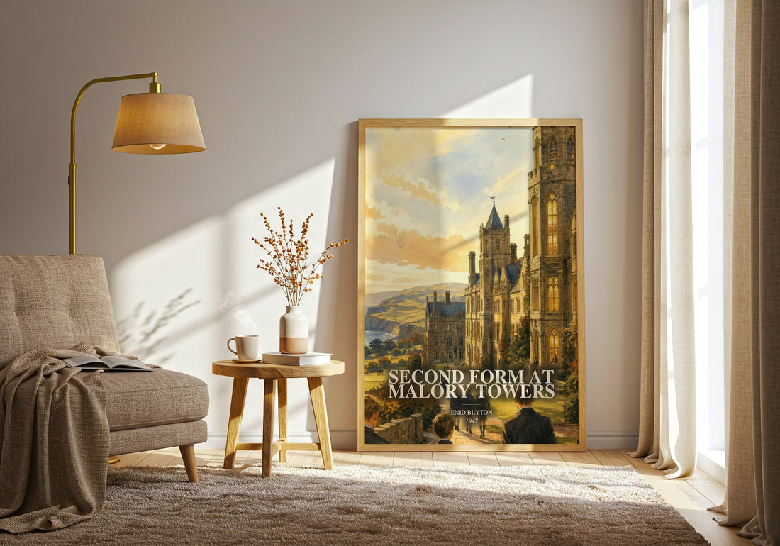Second Form At Malory Towers watercolour print in frame leaning in hallway – childrens wall art (mockup)