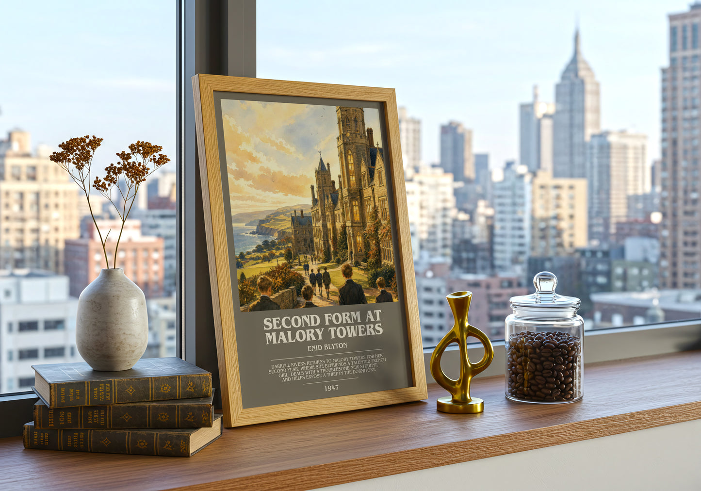 Second Form At Malory Towers bookish print framed by window – literary home decor