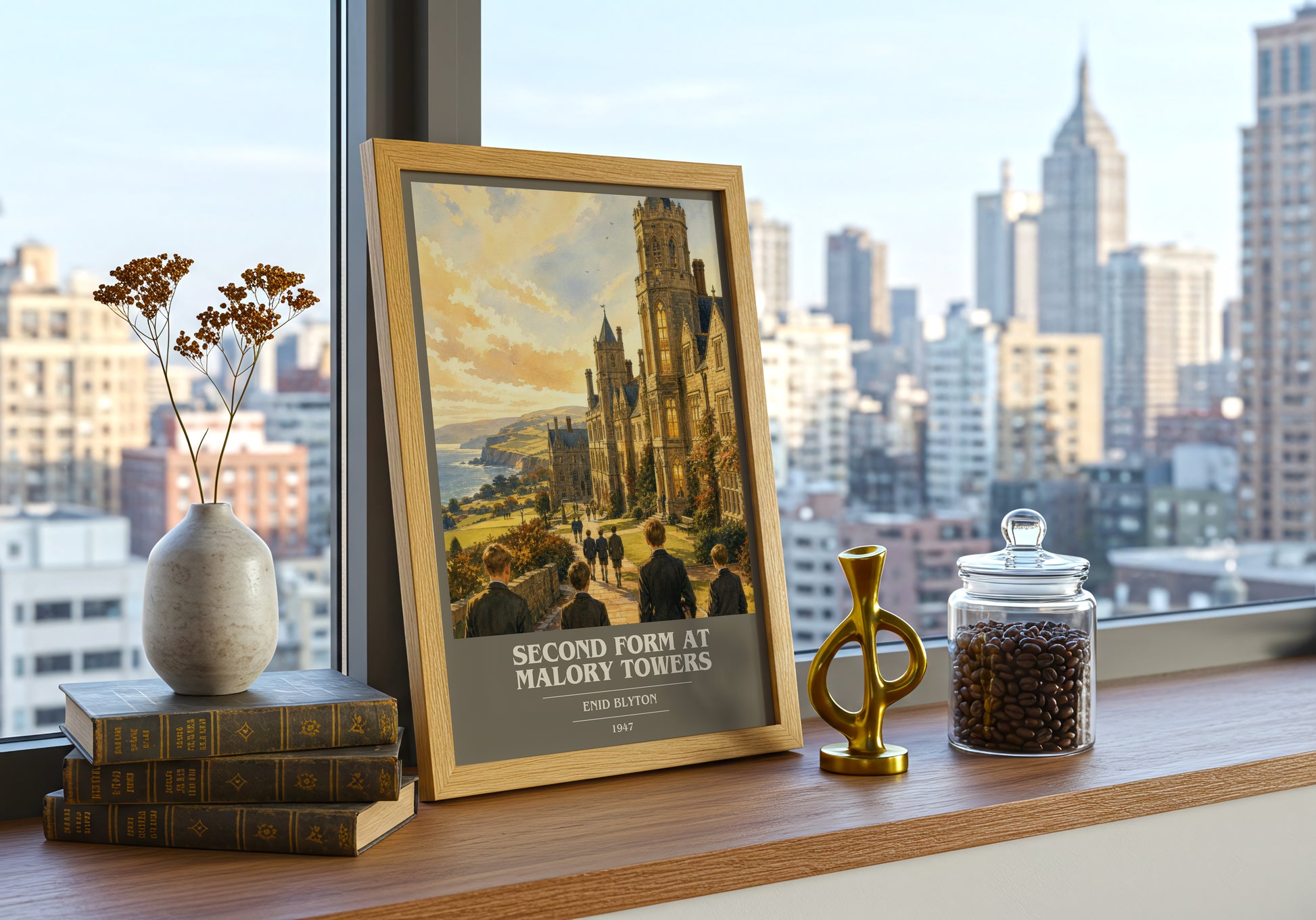Second Form At Malory Towers book cover print framed by window – literary home decor