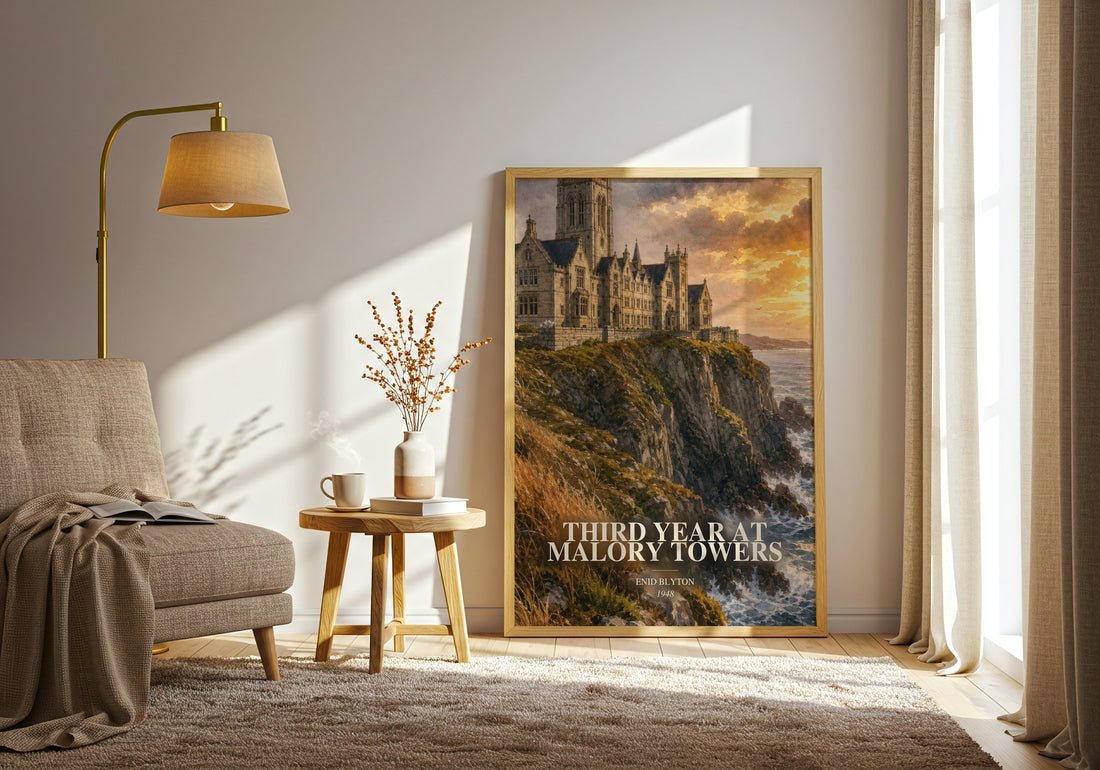 Third Year At Malory Towers watercolour print in frame leaning in hallway – childrens wall art (mockup)