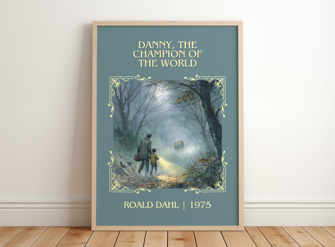 Danny, The Champion Of The World Classic Book Art Print by Roald Dahl – framed print leaning on a wooden floor