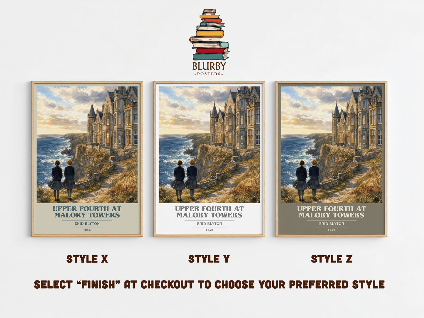 Upper Fourth At Malory Towers book cover print in frame leaning in hallway – childrens wall art