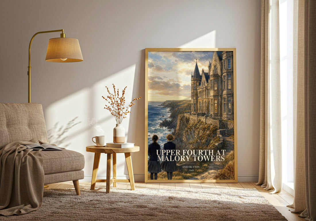 Upper Fourth At Malory Towers watercolour print in frame leaning in hallway – childrens wall art (mockup)