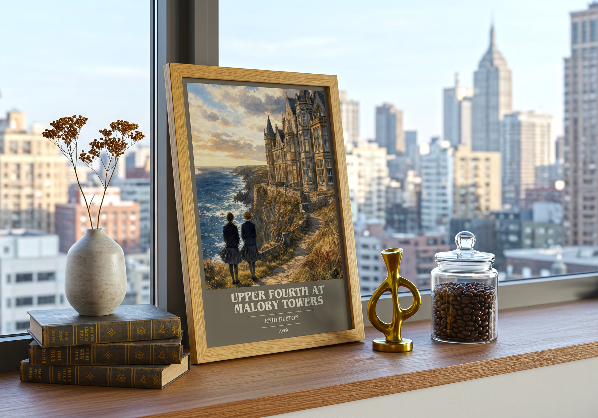 Upper Fourth At Malory Towers book cover print framed by window – literary home decor