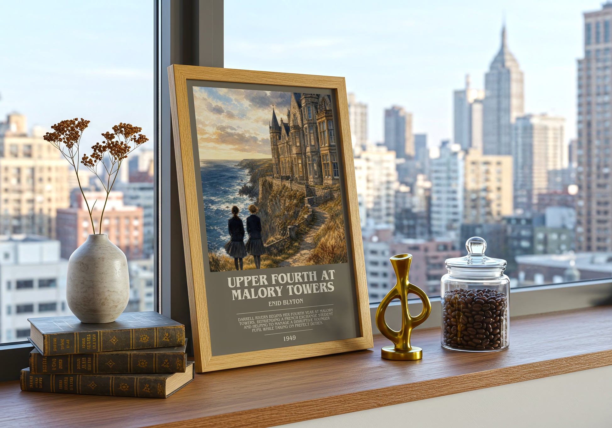 Upper Fourth At Malory Towers bookish print framed by window – literary home decor