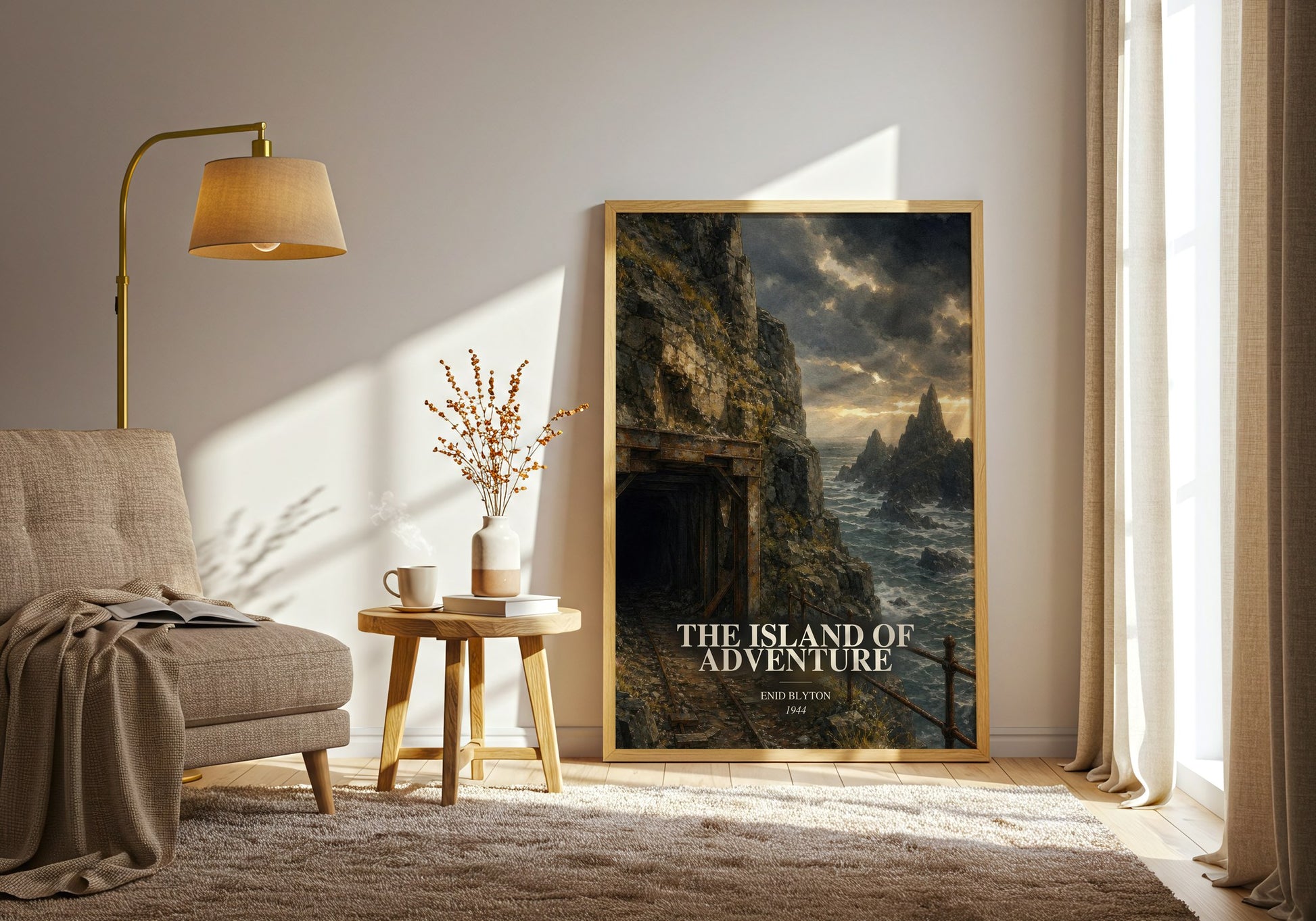 The Island Of Adventure watercolour print in frame leaning in hallway – childrens wall art
