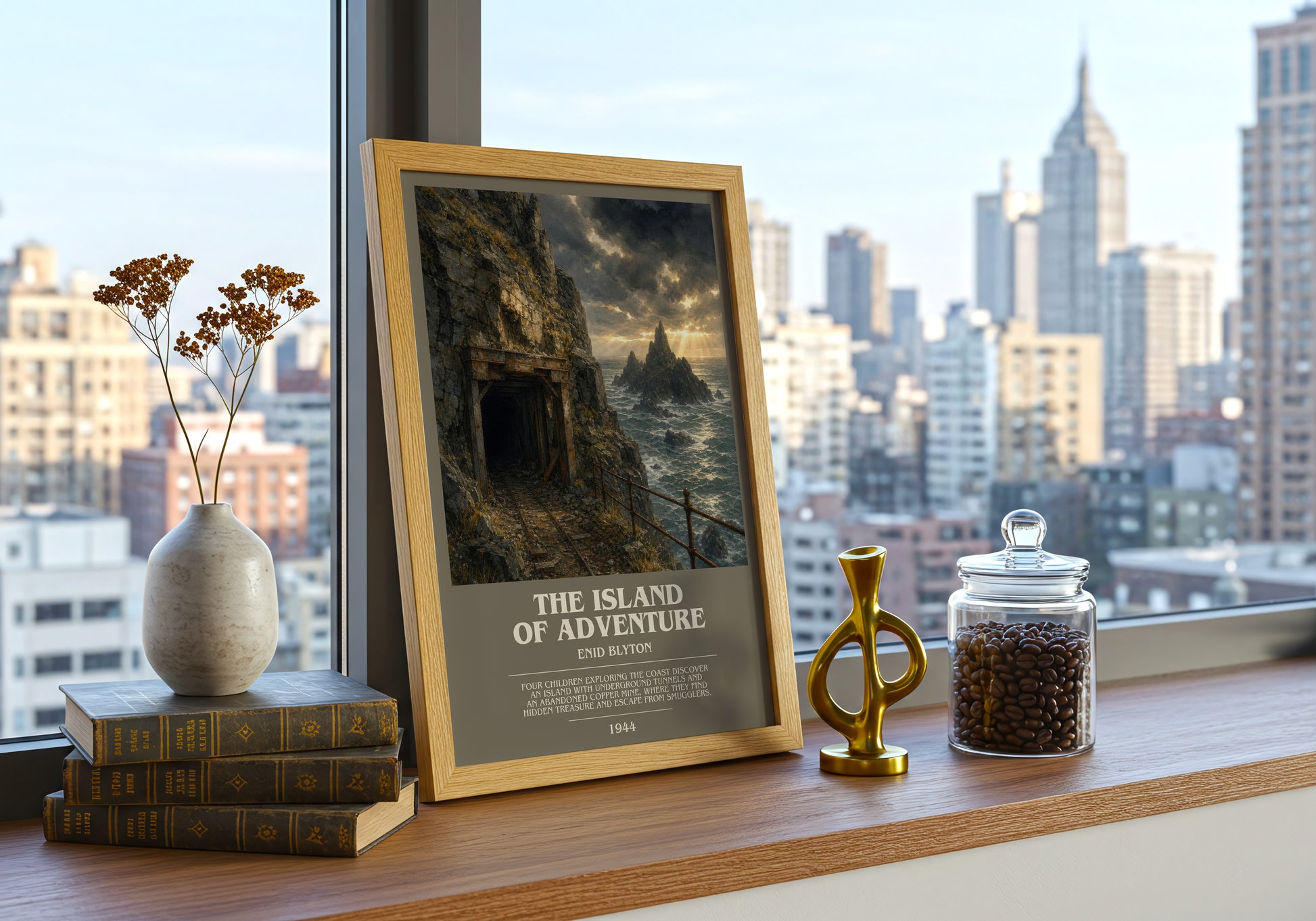 The Island Of Adventure bookish print framed by window – literary home decor