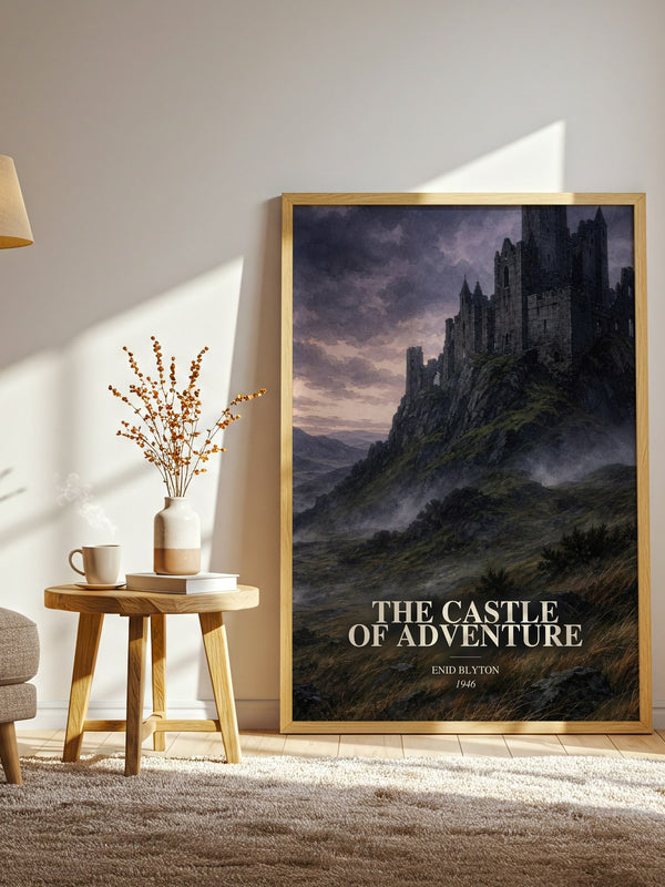 The Castle Of Adventure watercolour print in frame leaning in hallway – childrens wall art