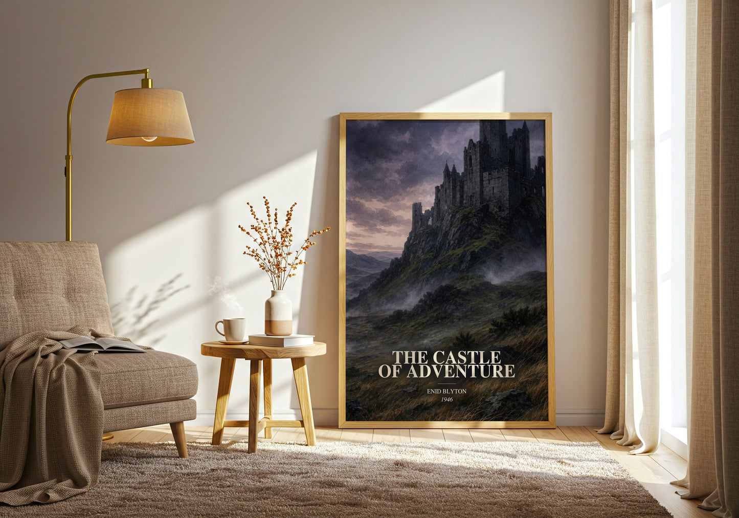 The Castle Of Adventure watercolour print in frame leaning in hallway – childrens wall art