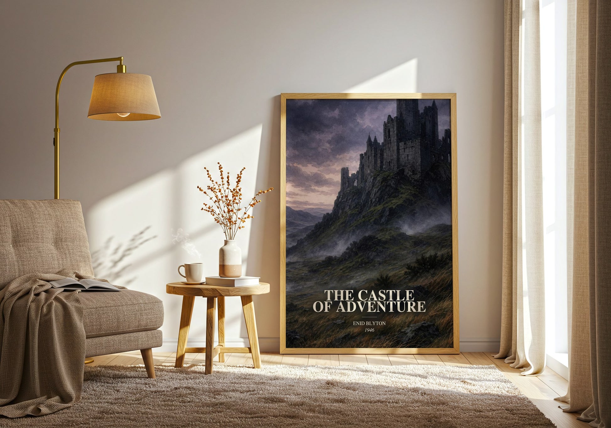 The Castle Of Adventure watercolour print in frame leaning in hallway – childrens wall art