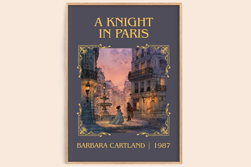 A Knight in Paris classic book art book poster by Barbara Cartland – framed literary art print
