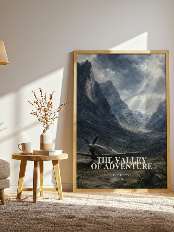 The Valley Of Adventure watercolour print in frame leaning in hallway – childrens wall art