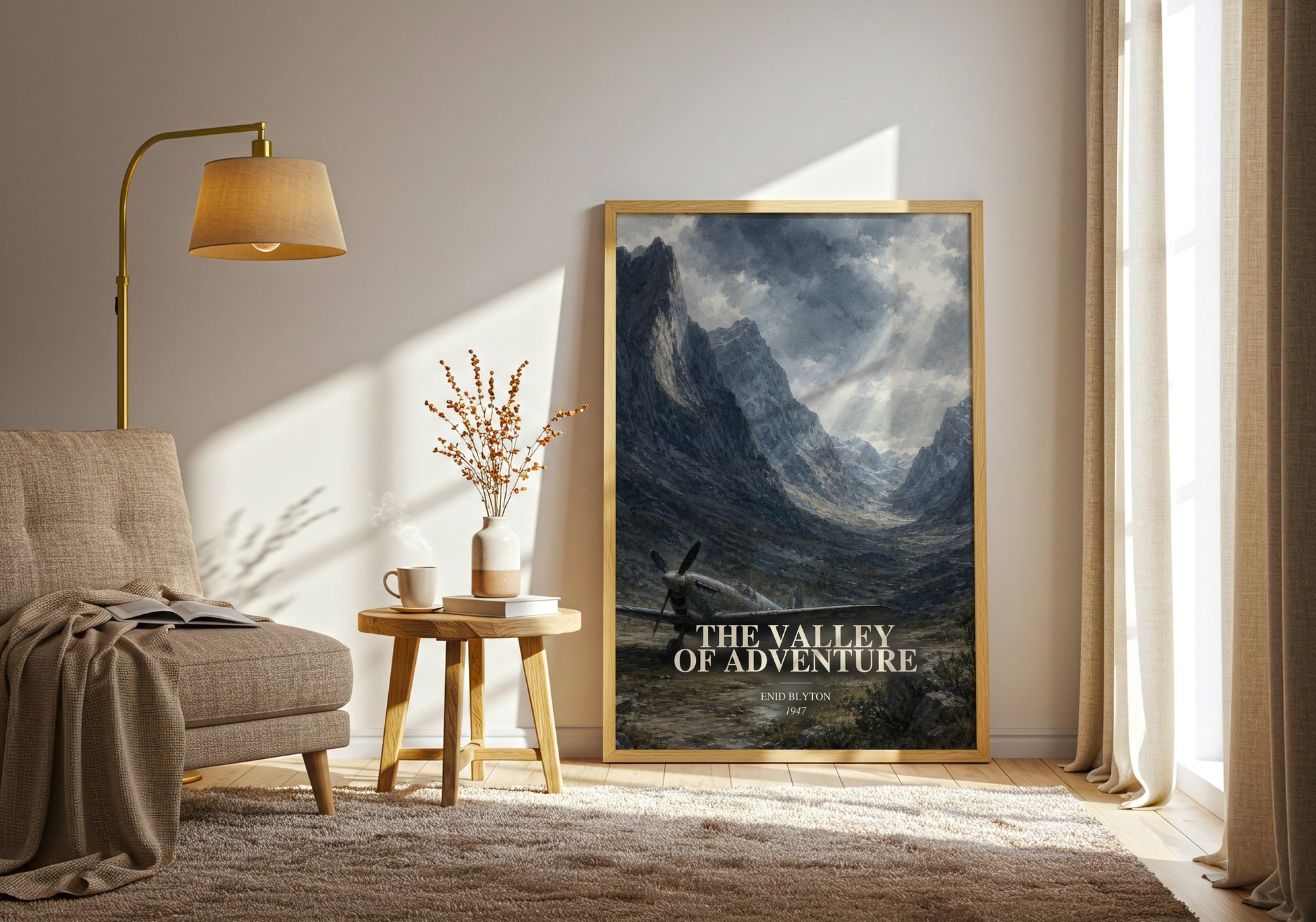 The Valley Of Adventure watercolour print in frame leaning in hallway – childrens wall art