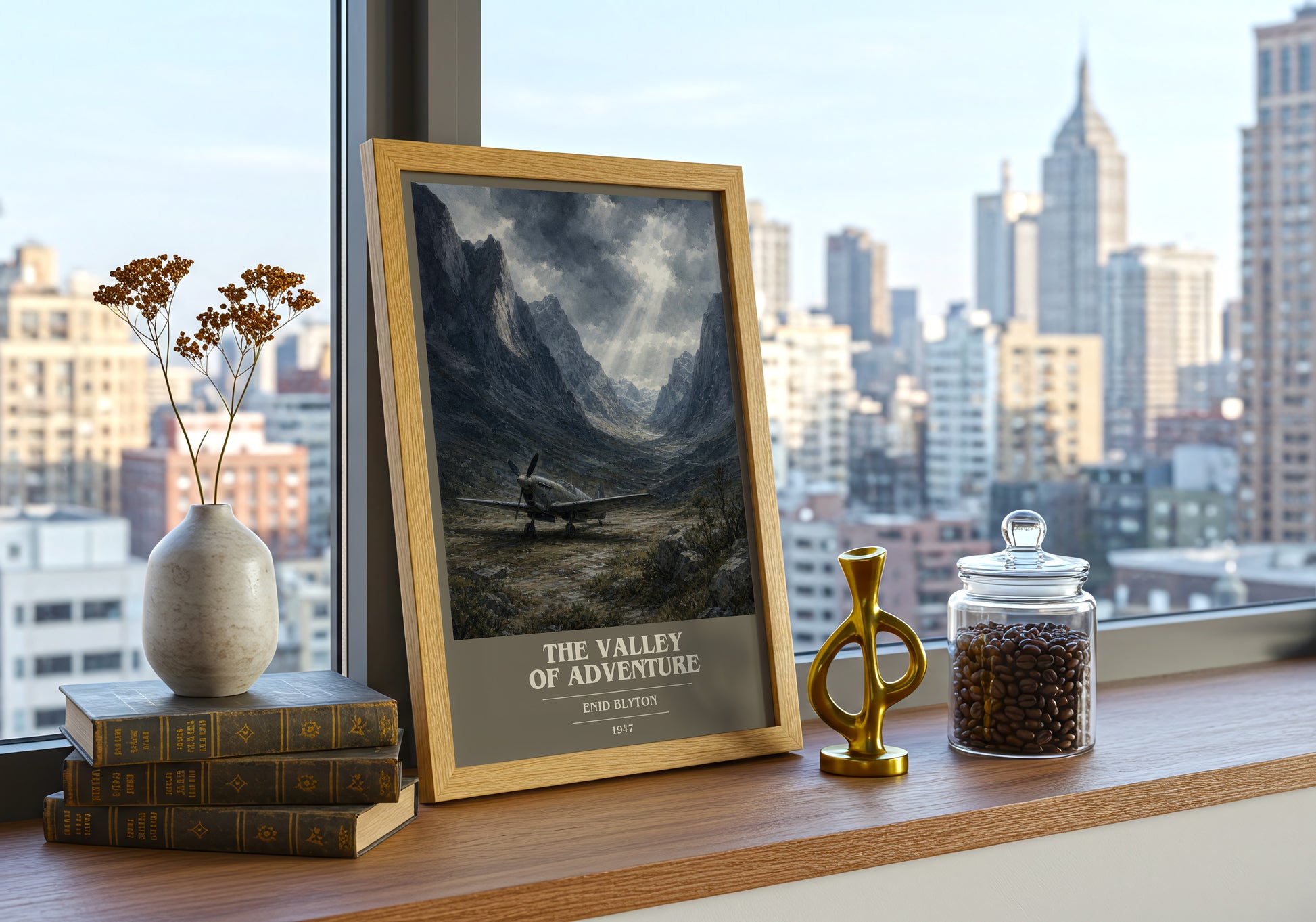 The Valley Of Adventure book cover print framed by window – literary home decor