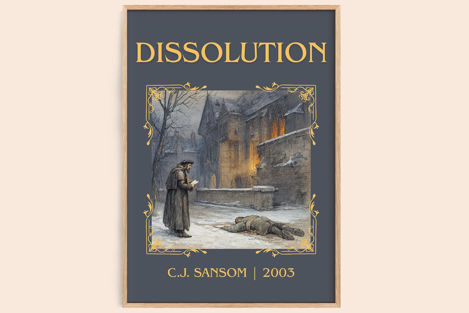 Dissolution classic book art print in frame leaning in hallway – historical fiction wall art