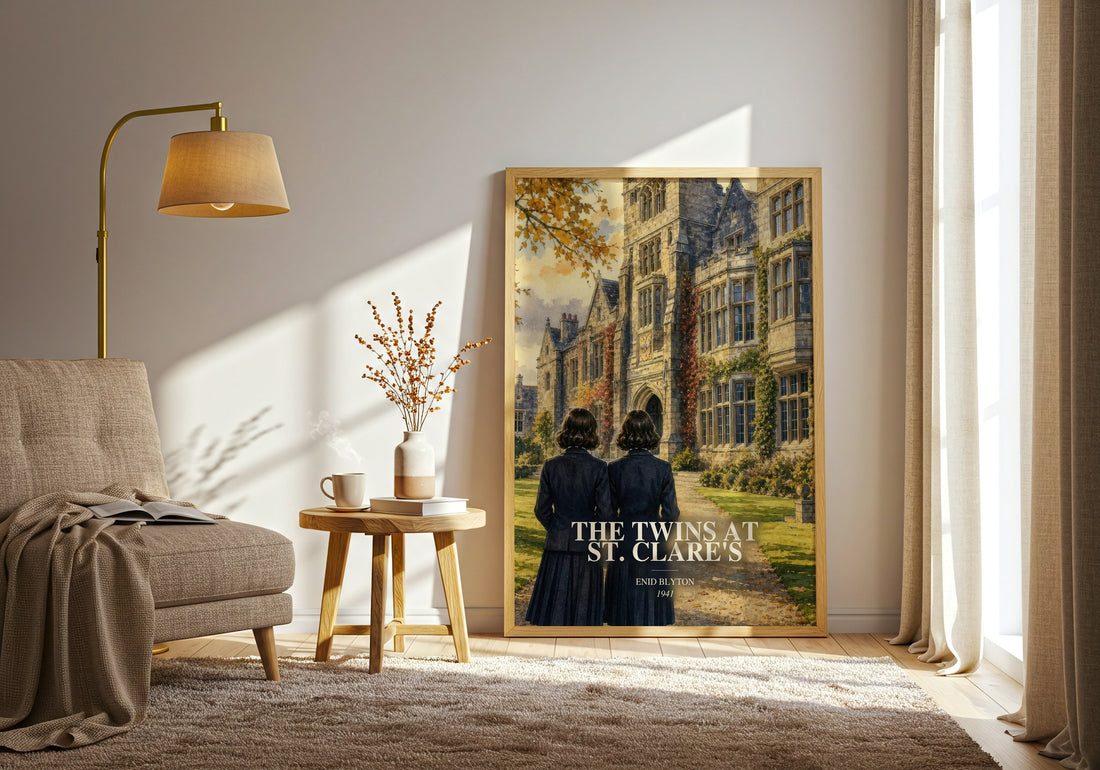 The Twins At St. Clare'S watercolour print in frame leaning in hallway – childrens wall art (mockup)