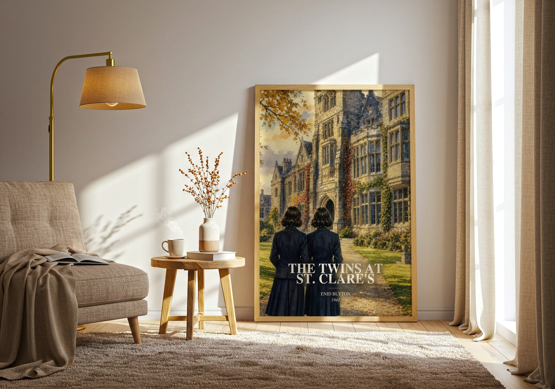 The Twins At St. Clare'S watercolour print in frame leaning in hallway – childrens wall art