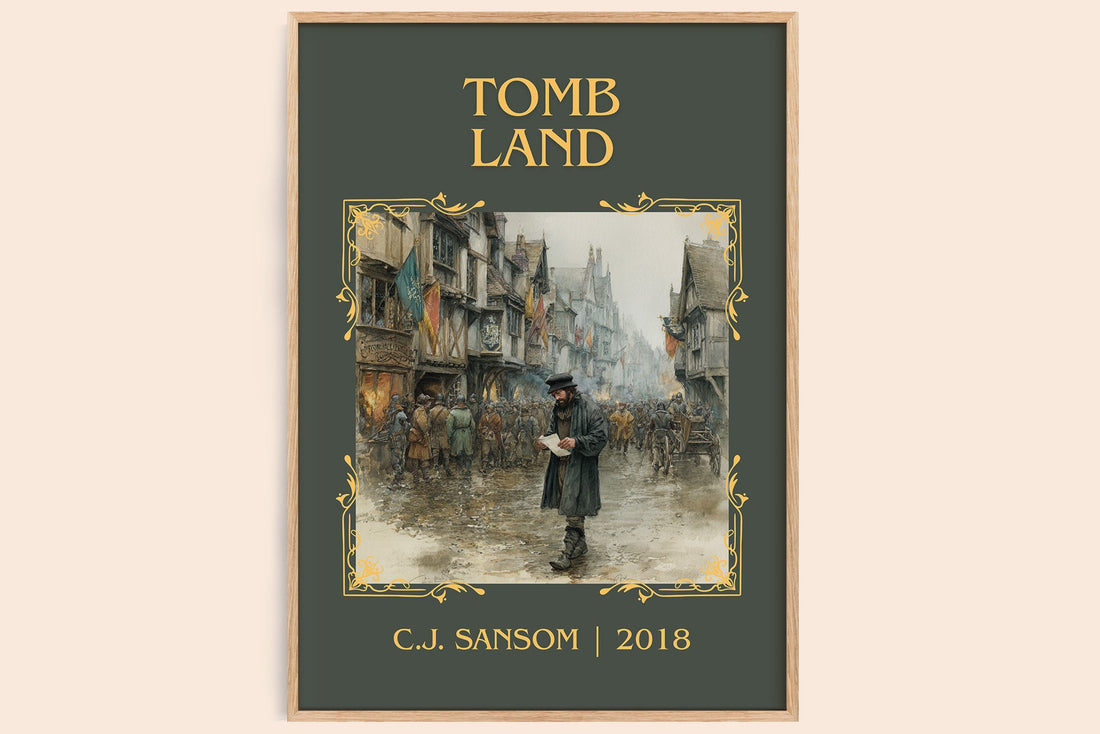 Tombland classic book art print in frame leaning in hallway – historical fiction wall art (mockup)