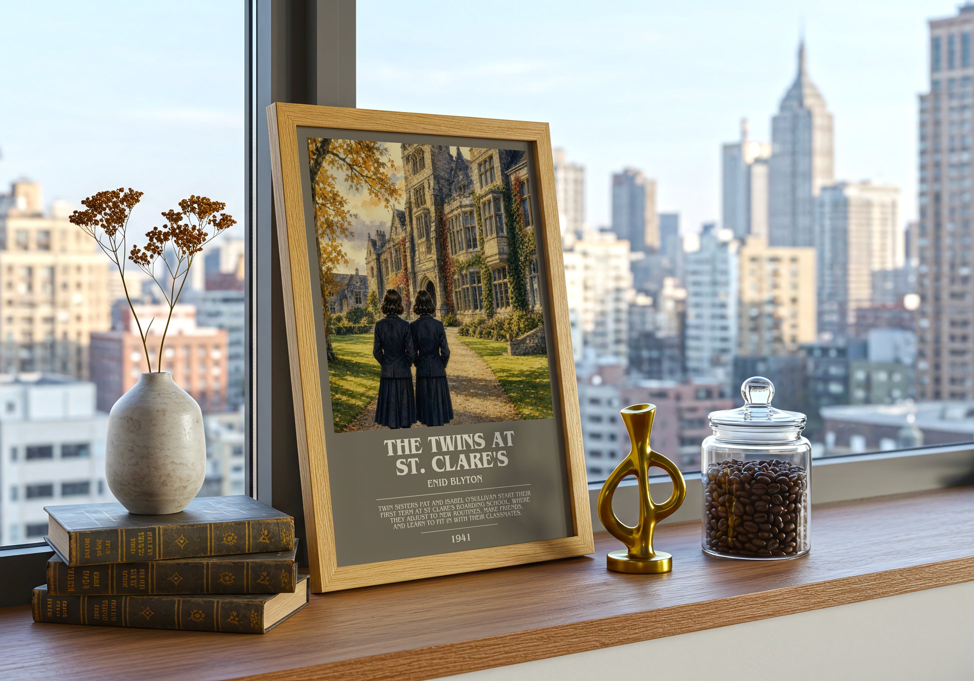 The Twins At St. Clare'S bookish print framed by window – literary home decor