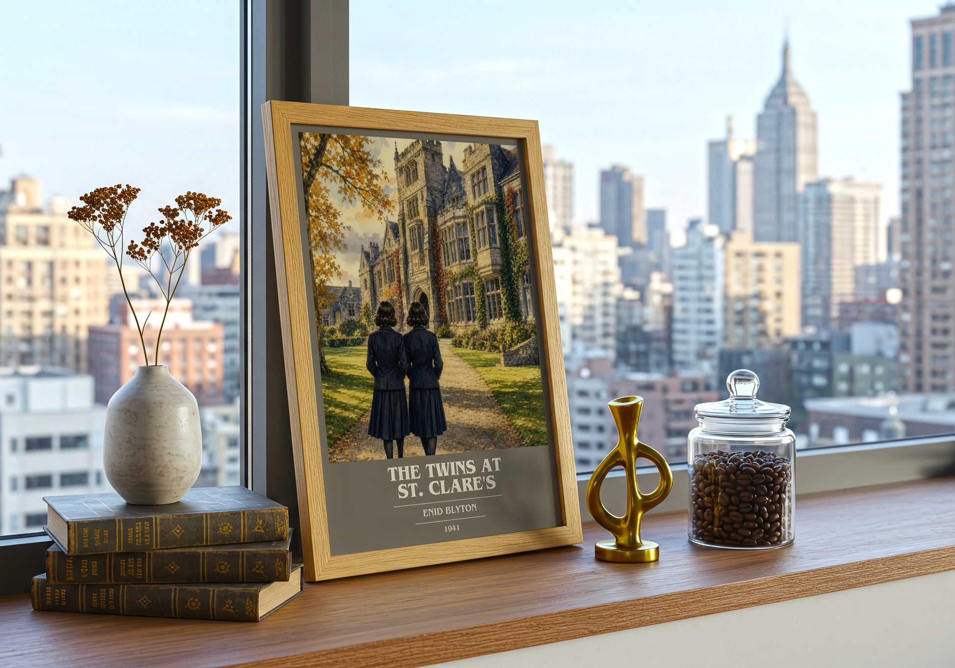 The Twins At St. Clare'S book cover print framed by window – literary home decor